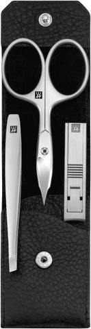 Geöffnetes ZWILLING Premium Set 3tlg. in schwarz mit essentiellen Pflegeinstrumenten aus rostfreiem Edelstahl.