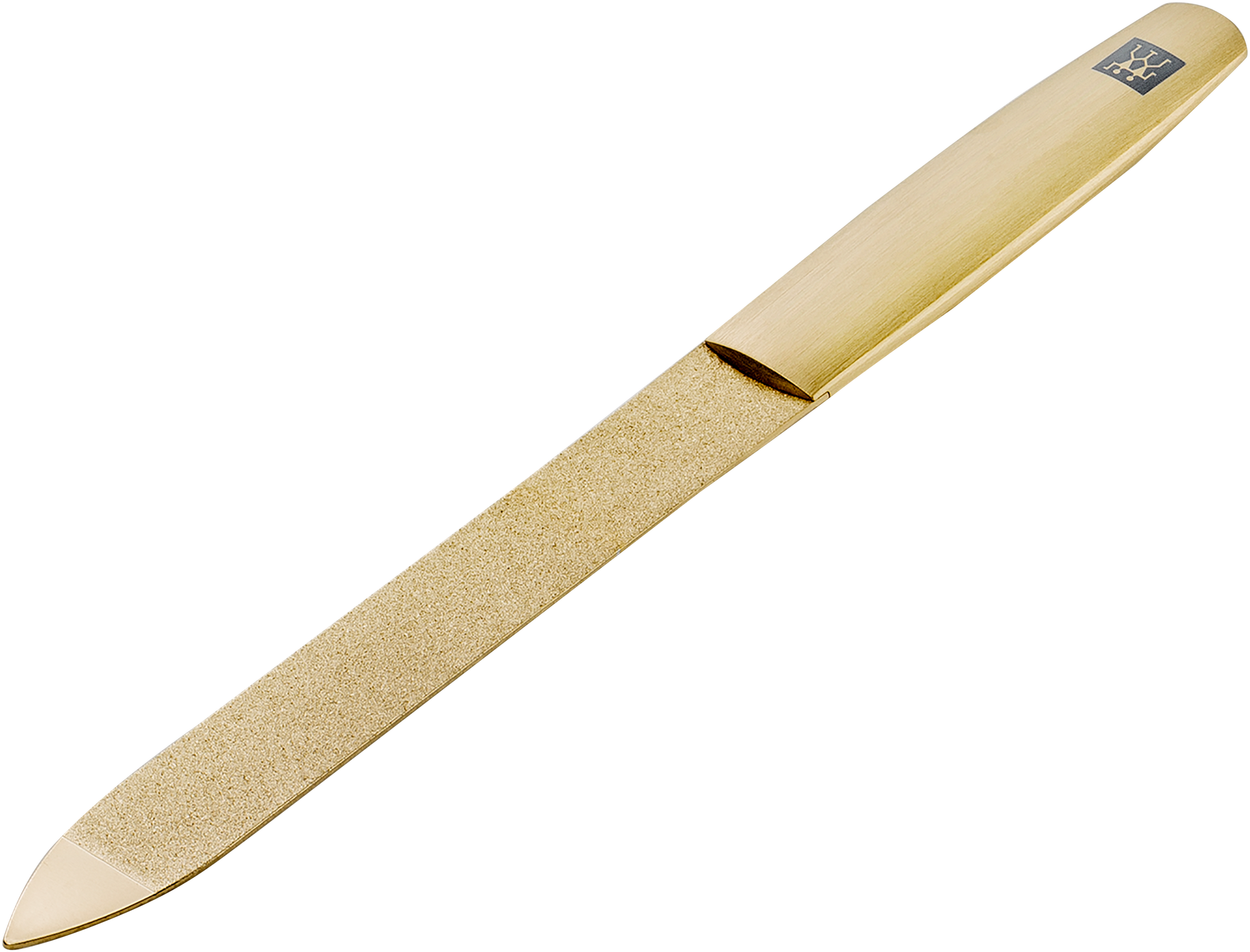 Queransicht einer ZWILLING Premium Saphir-Nagelfeile in Gold mit grob-und feinkörnigen Feilenflächen inklusive Reinigungsspitze.