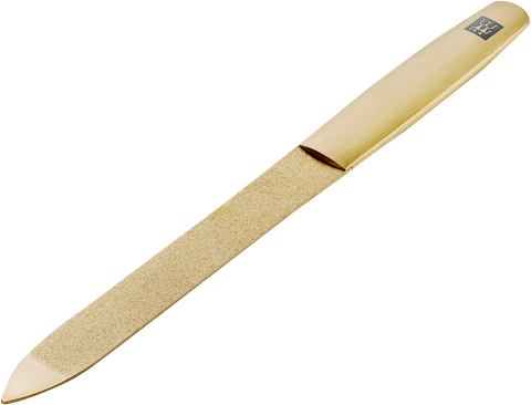 Queransicht einer ZWILLING Premium Saphir-Nagelfeile in Gold mit grob-und feinkörnigen Feilenflächen inklusive Reinigungsspitze.