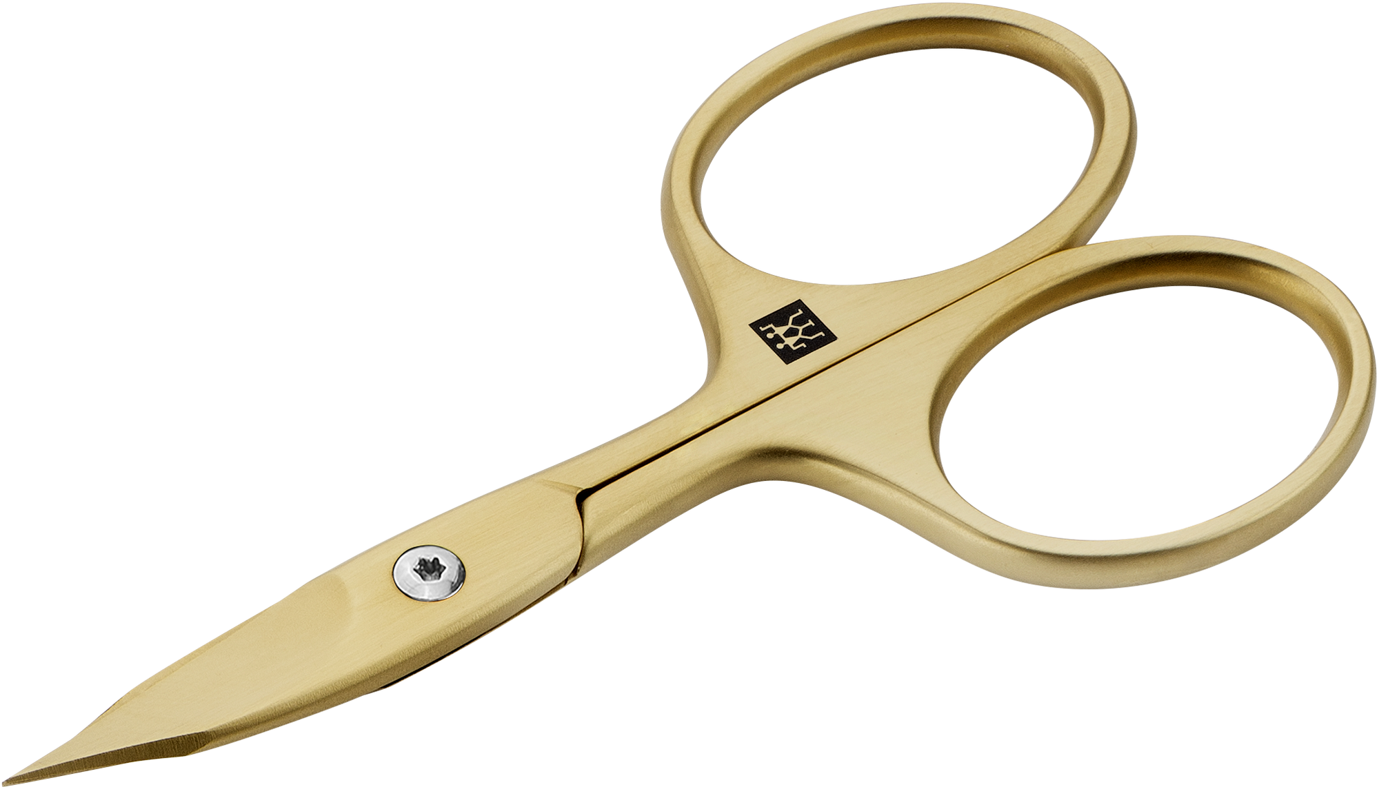 Queransicht einer ZWILLING Premium Nagel- und Nagelhautschere in Gold mit leicht gebogener Schneide und feiner Spitze.