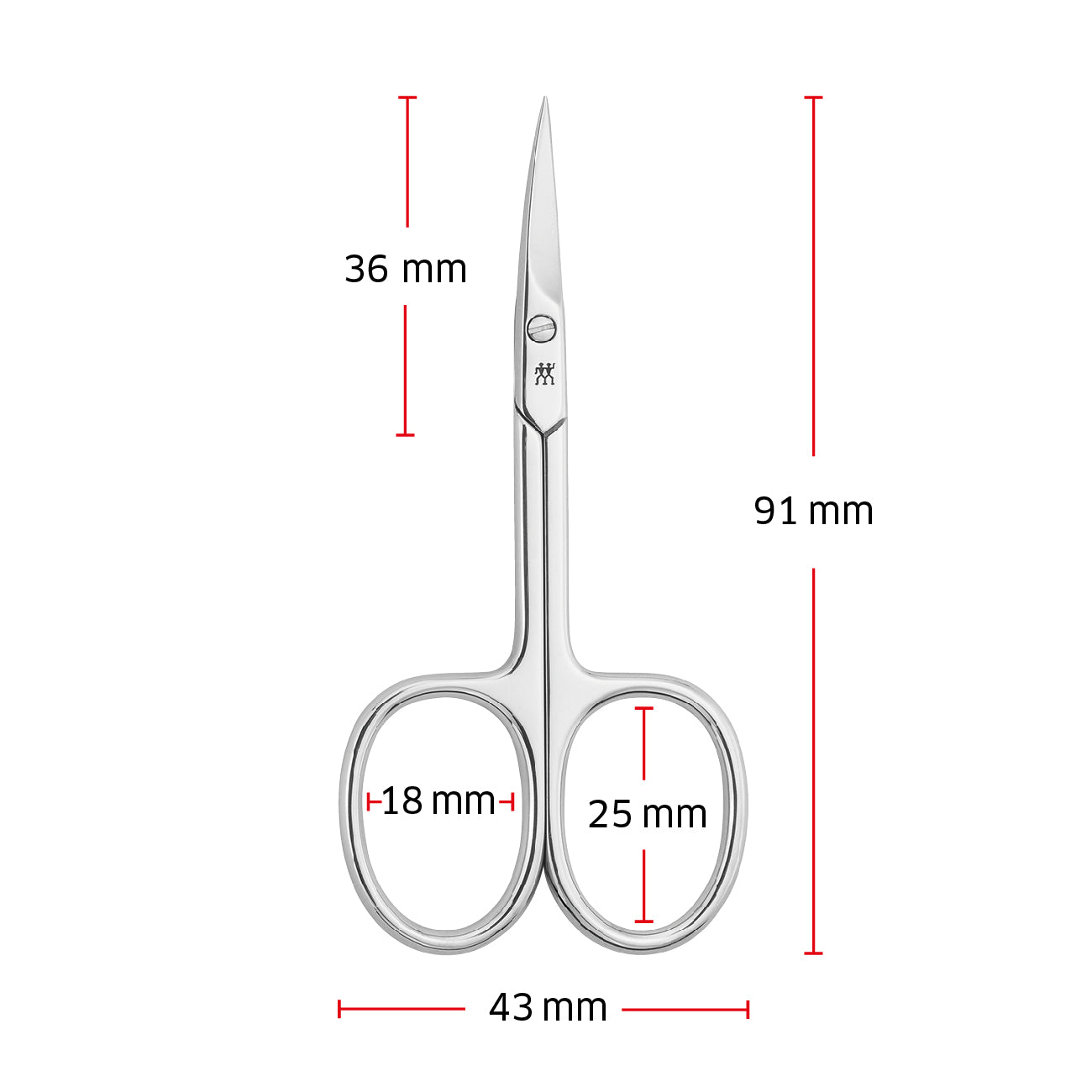 Größenangaben einer ZWILLING Classic Nagelhautschere. Gesamtlänge beträgt 91mm.