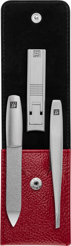 Maniküre Pediküre Set 3tlg. mit Kompakt-Nagelknipser, Leder, rot