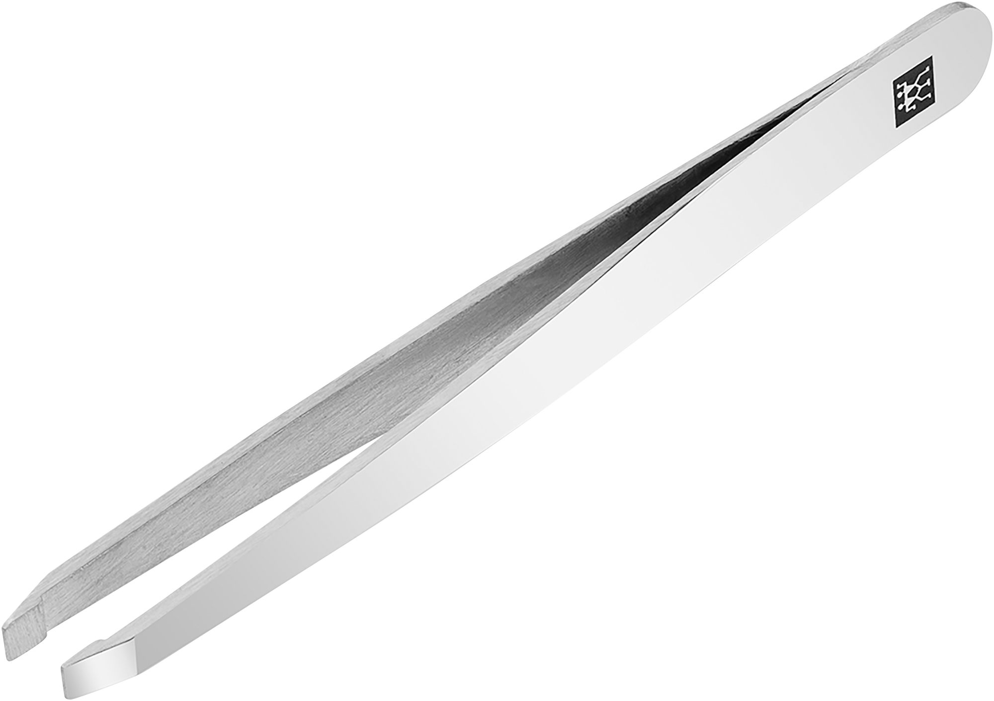 Queransicht der ZWILLING Classic gerade Pinzette aus rostfreiem Edelstahl mit handgeschliffenen, angerauten Spitzen mit großer Zupffläche.
