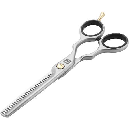 Queransicht einer geschlossenen ZWILLING Premium Effilierschere aus rostfreiem Edelstahl mit hochwertiger Verzahnung für einfaches Ausdünnen.
