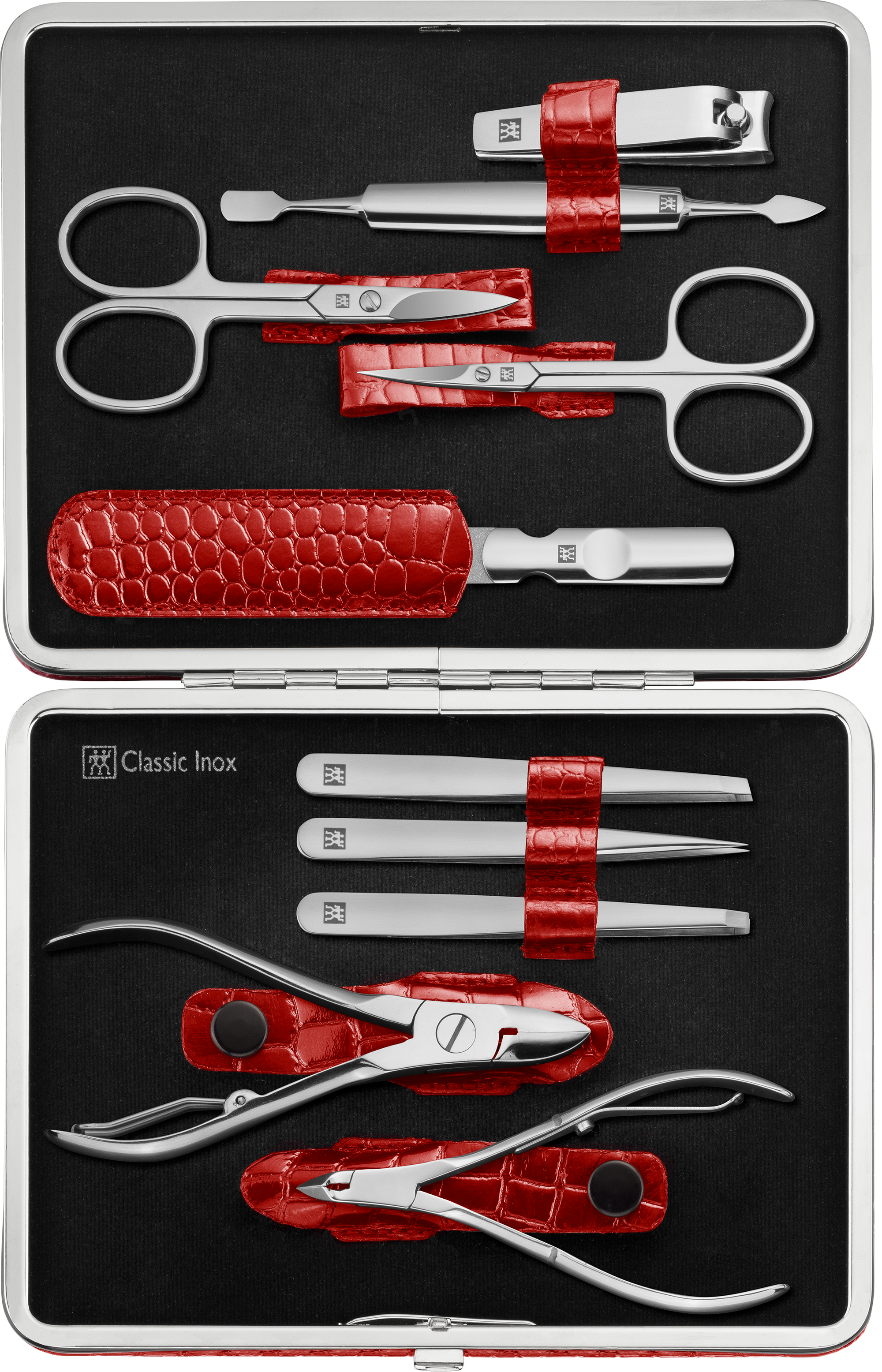 Geöffnetes ZWILLING Classic Set 10tlg. in rot mit Metallrahmen, mit vollumfänglichen Pflegeinstrumenten aus rostfreiem Edelstahl.