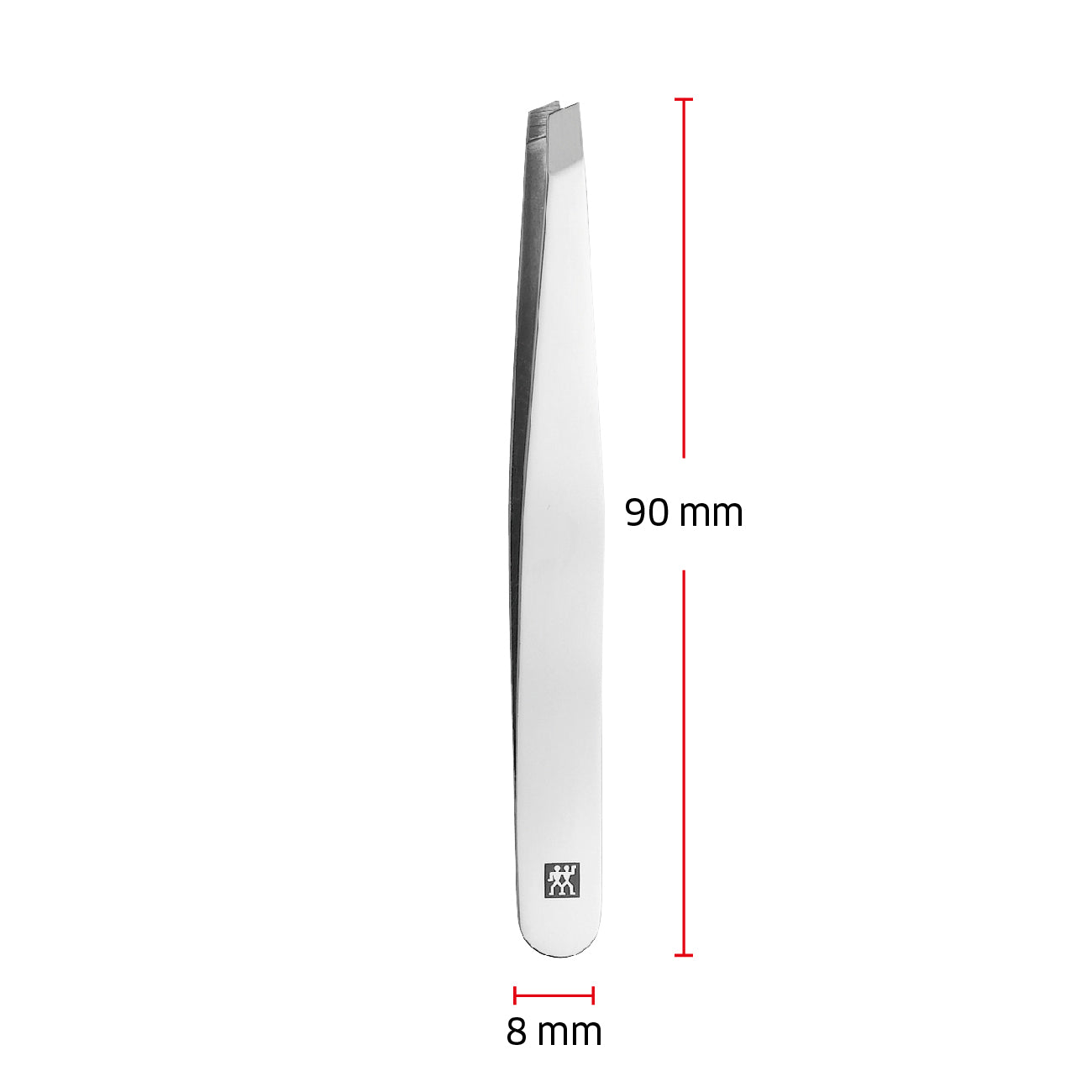 Größenangaben einer ZWILLING Classic schrägen Pinzette. Gesamtlänge beträgt 90mm.