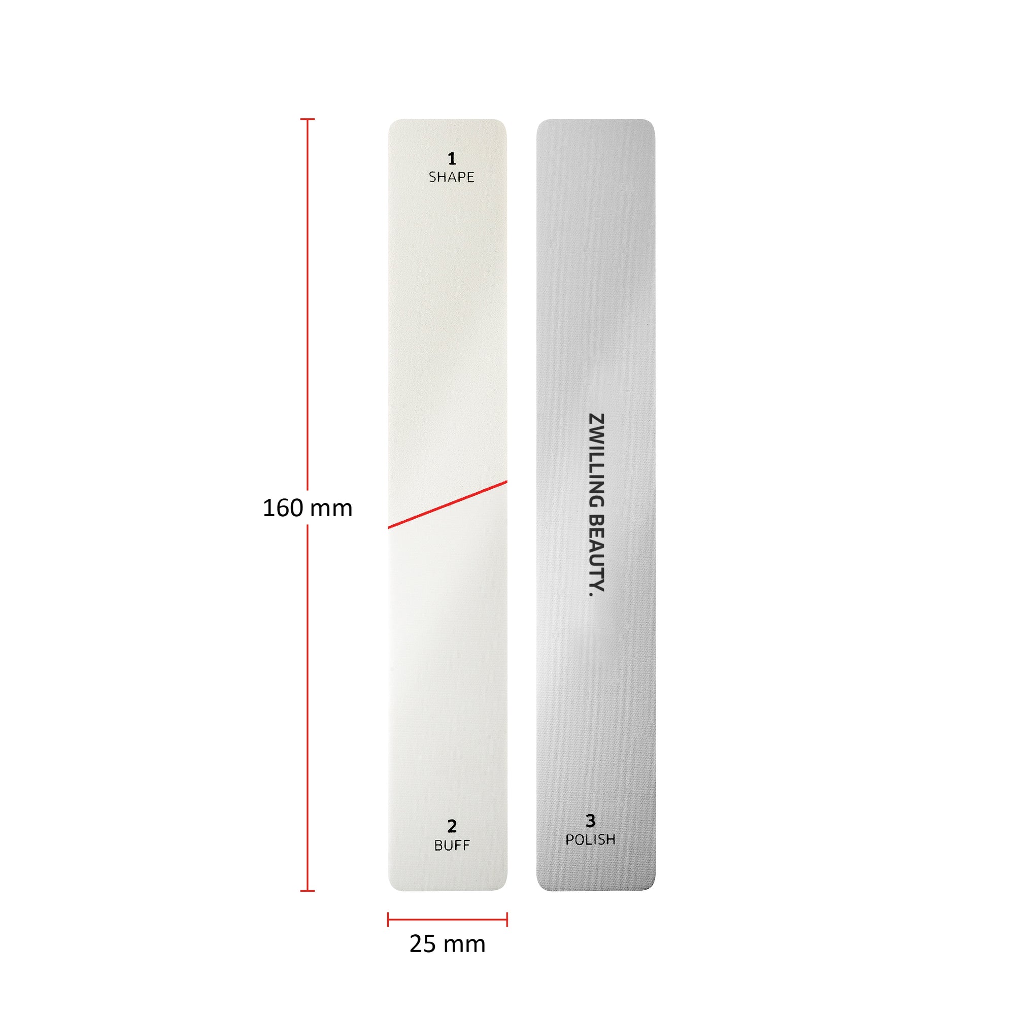 Größenangaben einer ZWILLING Premium Polierfeile. Gesamtlänge beträgt 160mm.