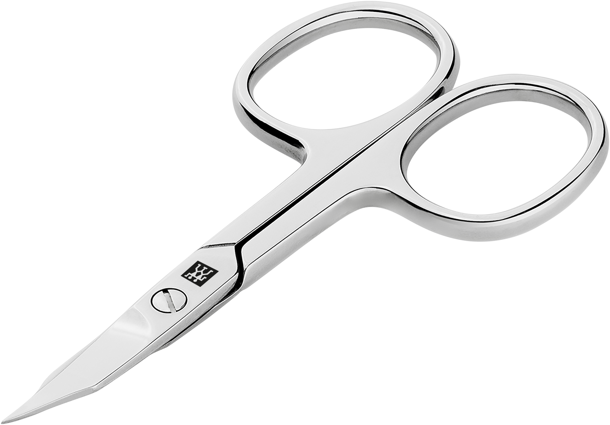 Queransicht einer ZWILLING Classic Nagel- und Nagelhautschere aus rostfreiem Edelstahl mit gebogener Schneide und feiner Spitze.