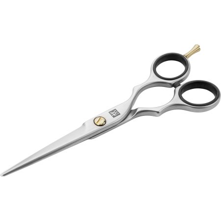 Queransicht einer geschlossenen ZWILLING Premium Haarschere aus rostfreiem Edelstahl mit Mikrozahnung für präzisen Schnitt.