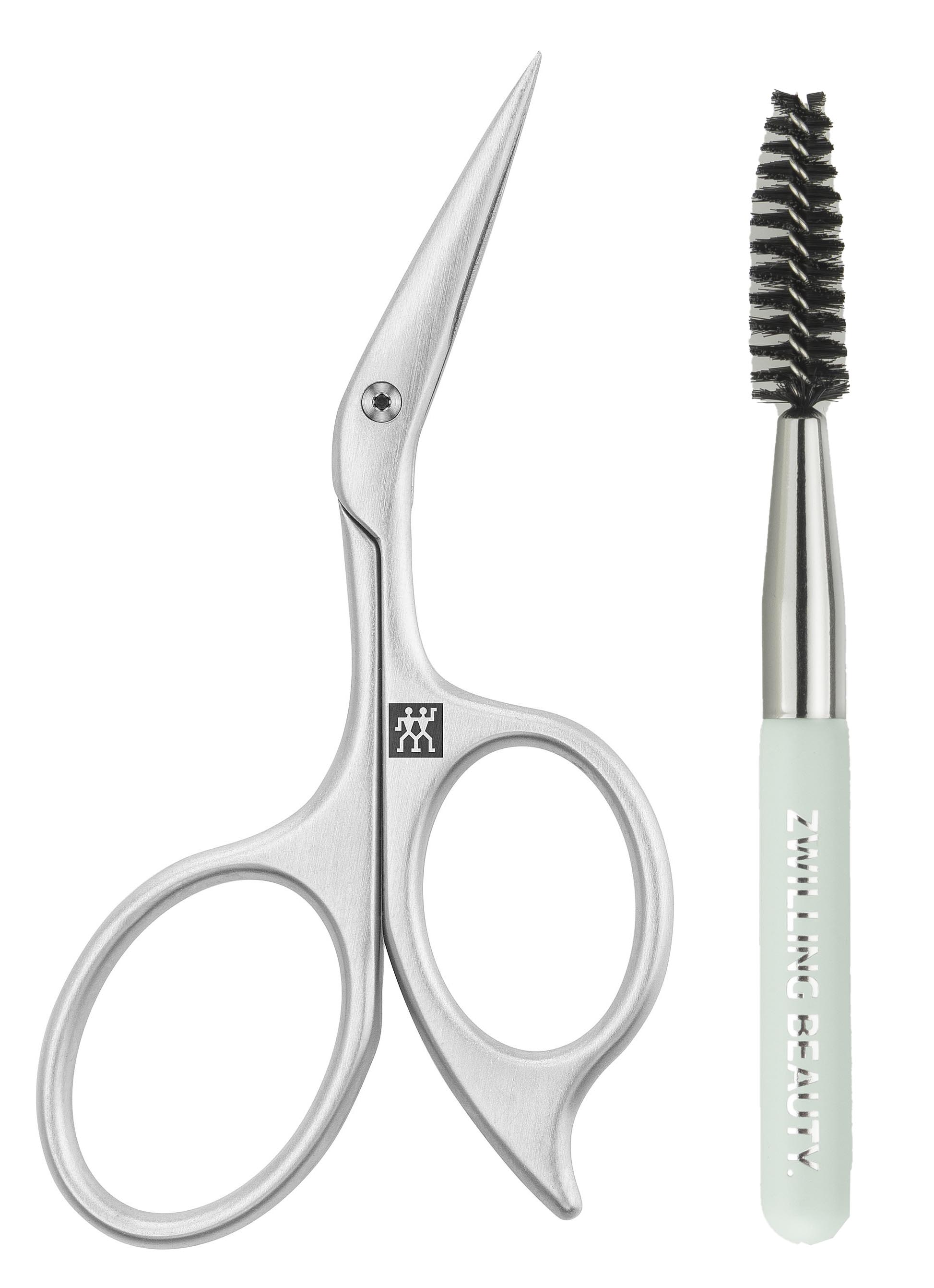 ZWILLING Premium Augenbrauenschere aus rostfreiem Edelstahl mit abgewinkelter, hauchdünner Schneide für präzisen Schnitt, inklusive Augenbrauenbürste.