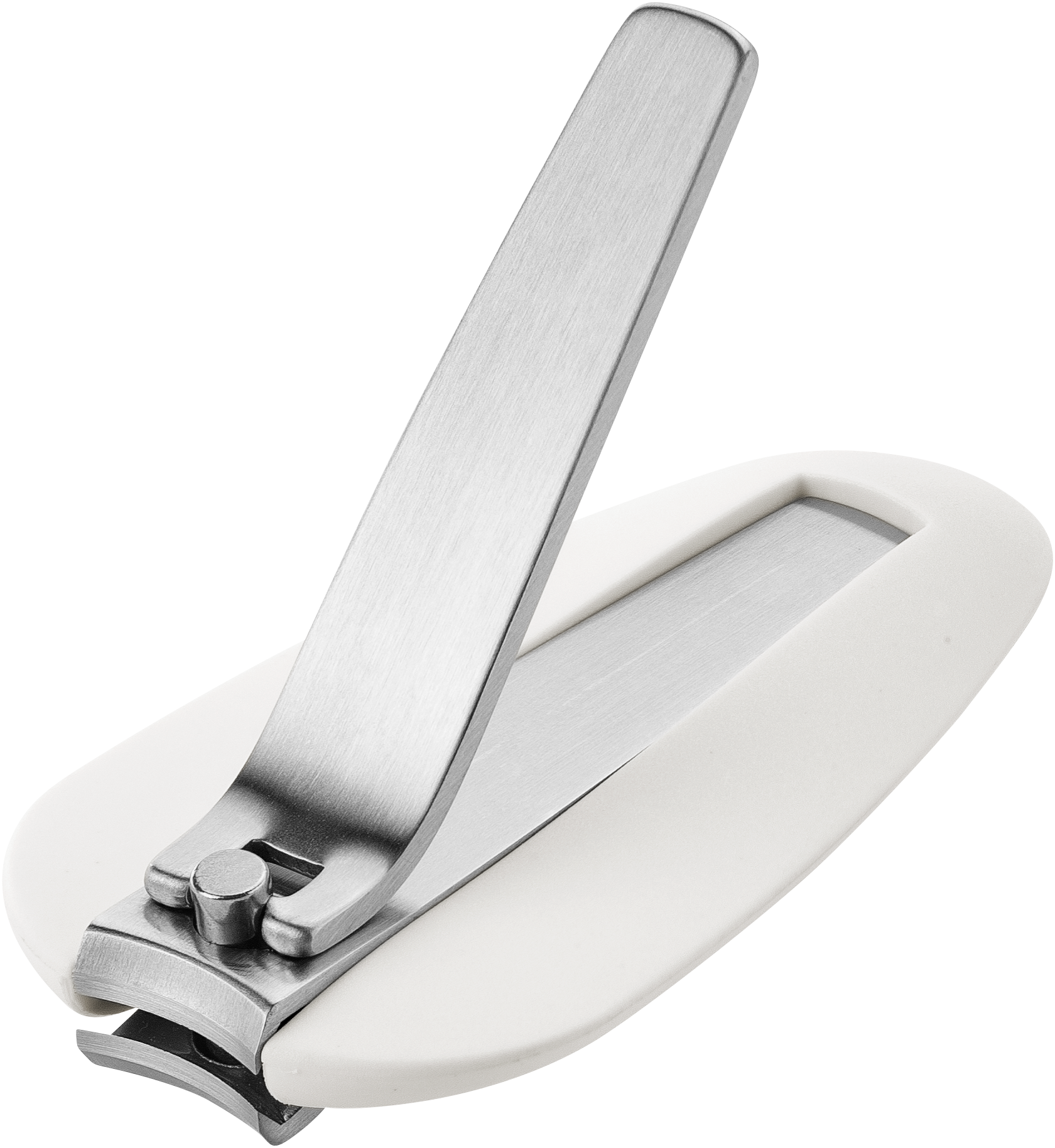 Queransicht eines ZWILLING Premium Nagelknipsers aus rostfreiem Edelstahl mit gebogener Schneide und ergonomisch geformten Nagelfang.