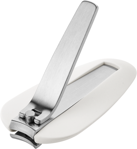 Queransicht eines ZWILLING Premium Nagelknipsers aus rostfreiem Edelstahl mit gebogener Schneide und ergonomisch geformten Nagelfang.
