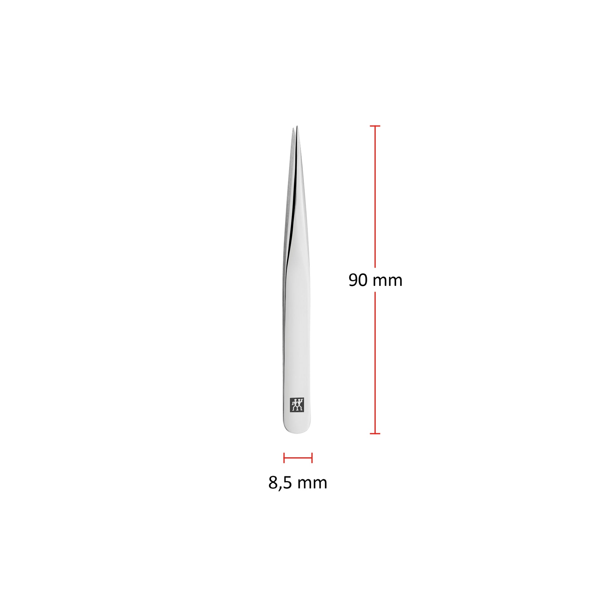 Größenangaben einer ZWILLING Classic spitzen Pinzette. Gesamtlänge beträgt 90mm.