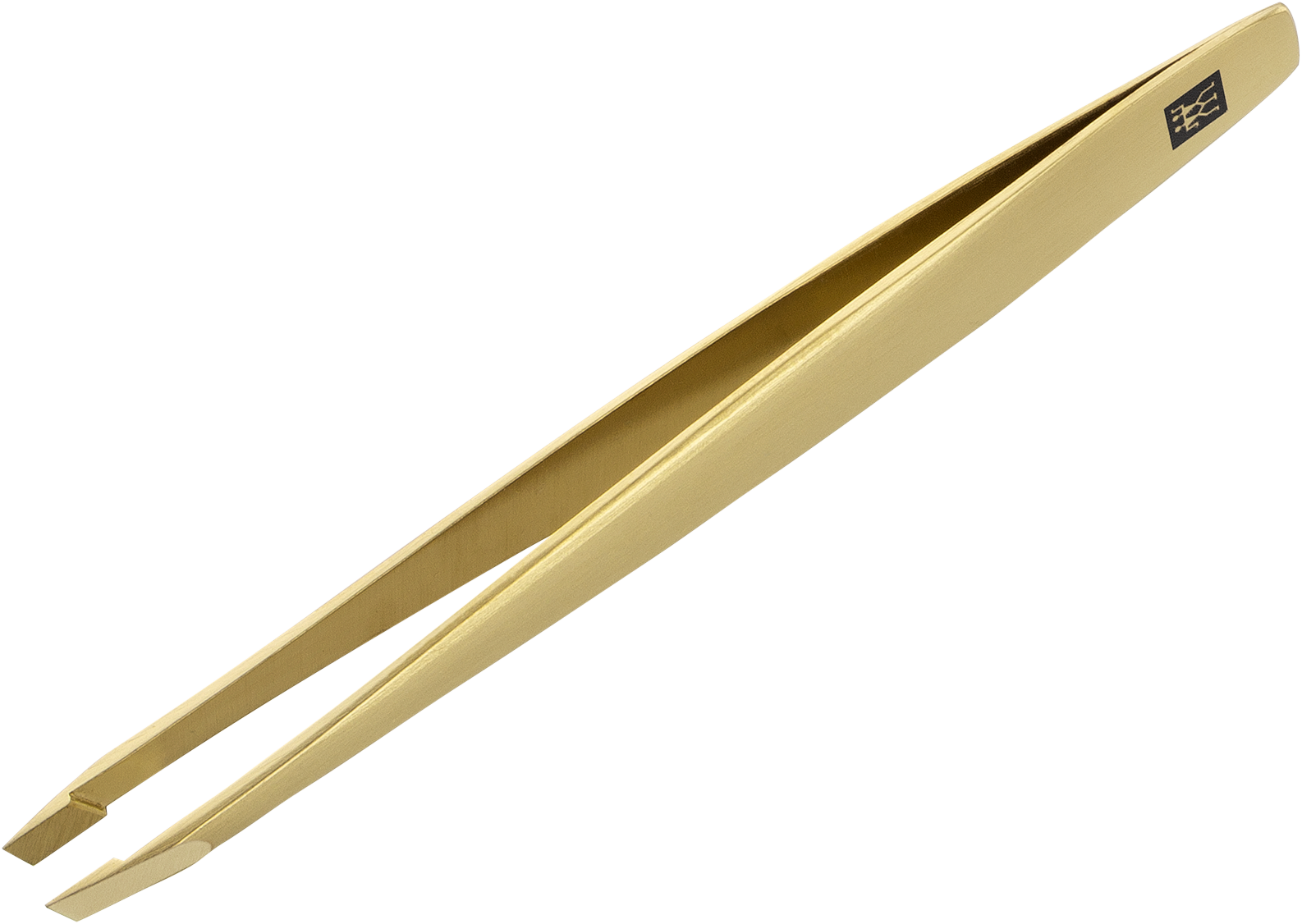 Queransicht der ZWILLING Premium schräge Pinzette in Gold mit handgeschliffenen Spitzen.