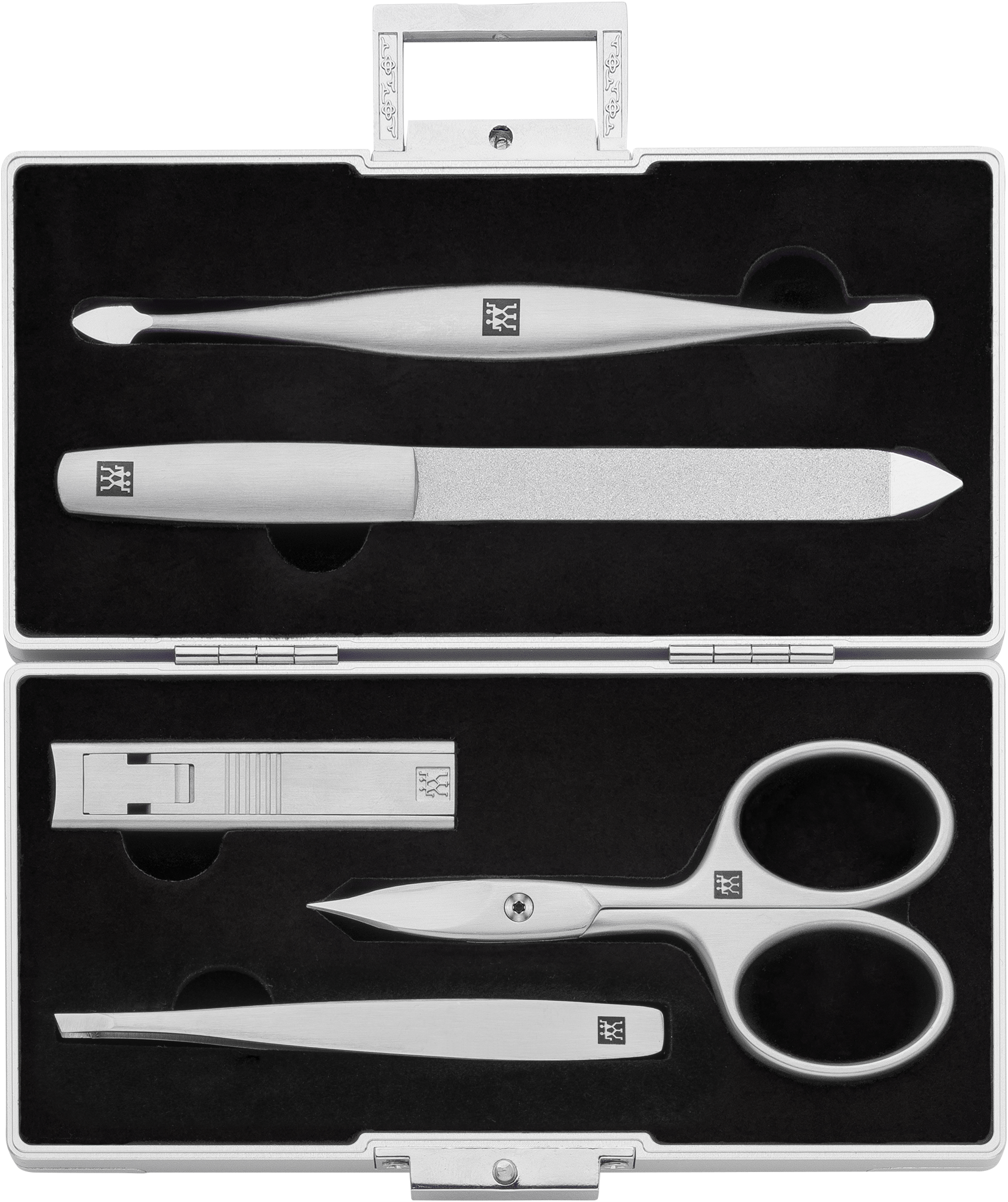 Geöffnetes ZWILLING Premium Set 5tlg. in silber mit Aluminiumgehäuse und den meistgenutzten Pflegeinstrumenten.