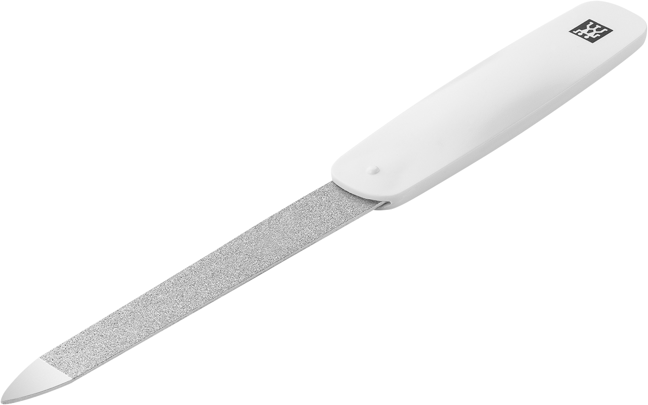 Queransicht einer ZWILLING Classic Saphir-Nagelfeile in weiß mit grob-und feinkörnigen Feilenflächen zum Kürzen und Formen.