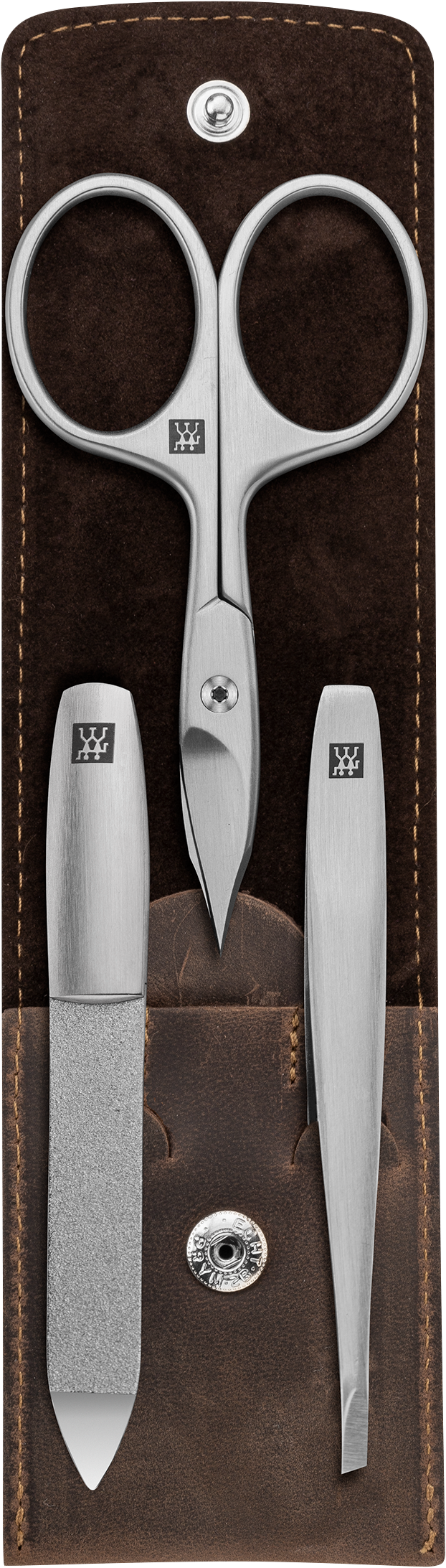 Geöffnetes ZWILLING Premium Set 3tlg. in braun mit essentiellen Pflegeinstrumenten aus rostfreiem Edelstahl.