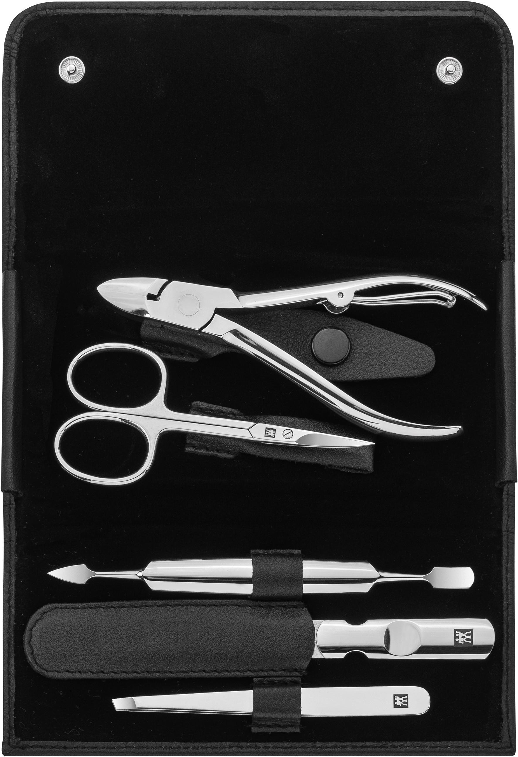 Geöffnetes ZWILLING Classic Set 5tlg. in schwarz mit den meistgenutzten Pflegeinstrumenten aus rostfreiem Edelstahl.
