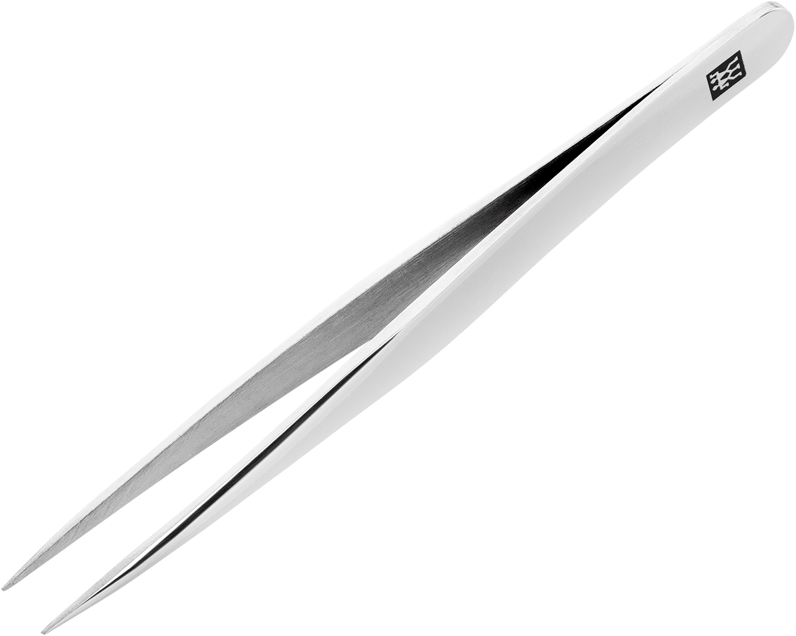 Queransicht der ZWILLING Classic spitze Pinzette aus rostfreiem Edelstahl mit handgeschliffenen, angerauten Spitzen.