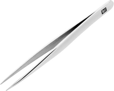 Queransicht der ZWILLING Classic spitze Pinzette aus rostfreiem Edelstahl mit handgeschliffenen, angerauten Spitzen.
