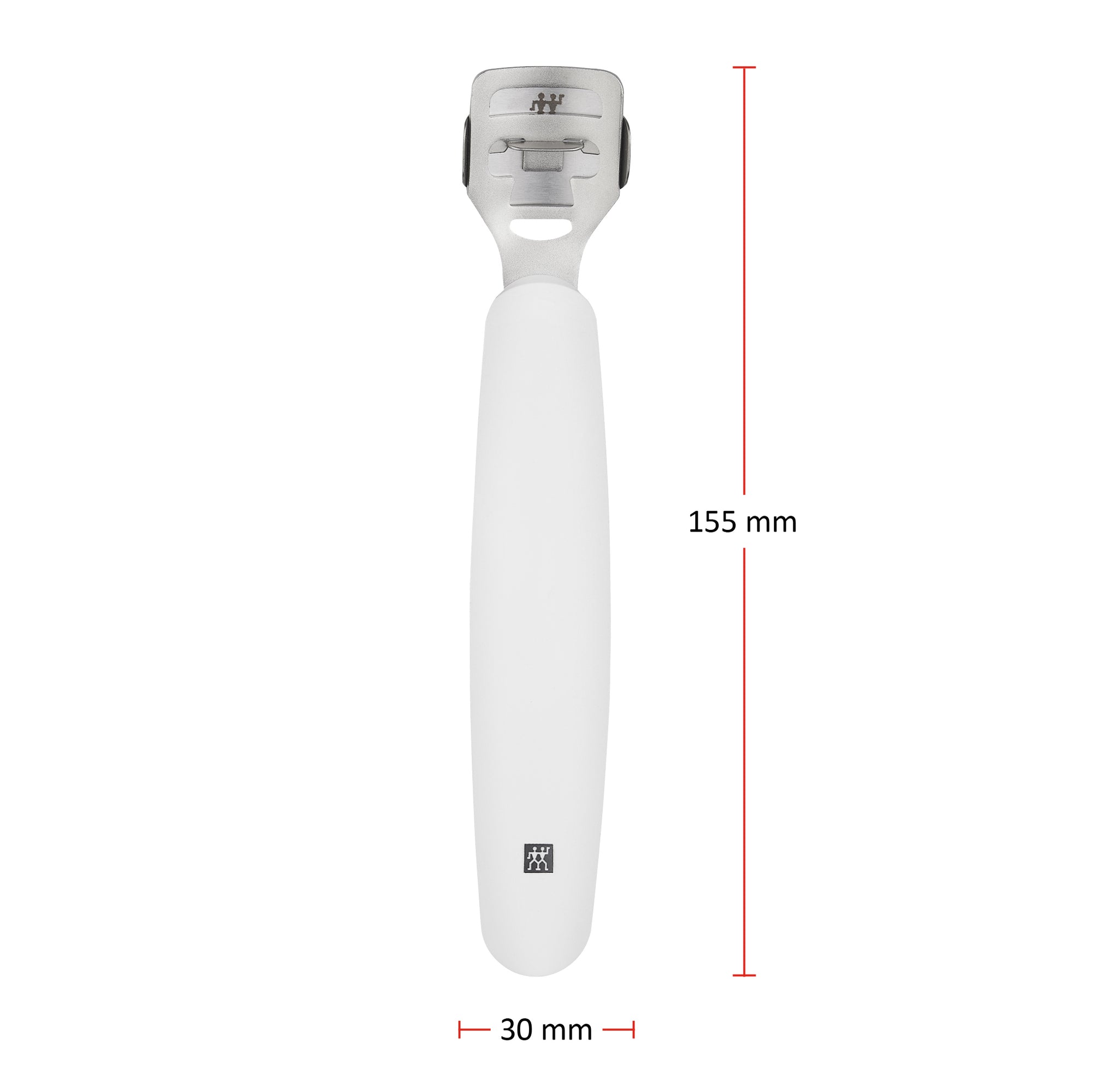 Größenangaben eines ZWILLING Premium Hornhauthobels. Gesamtlänge beträgt 155mm.