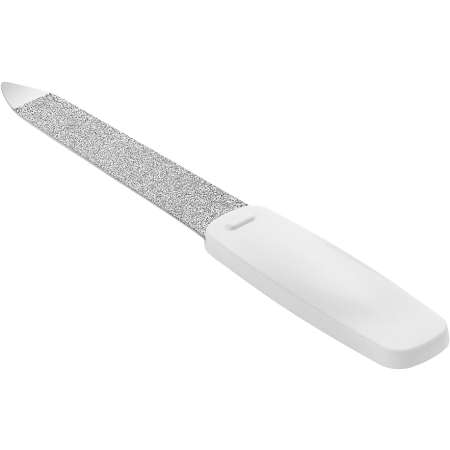 Queransicht einer ZWILLING Classic Saphir-Nagelfeile in weiß mit grob-und feinkörnigen Feilenflächen zum Kürzen und Formen.