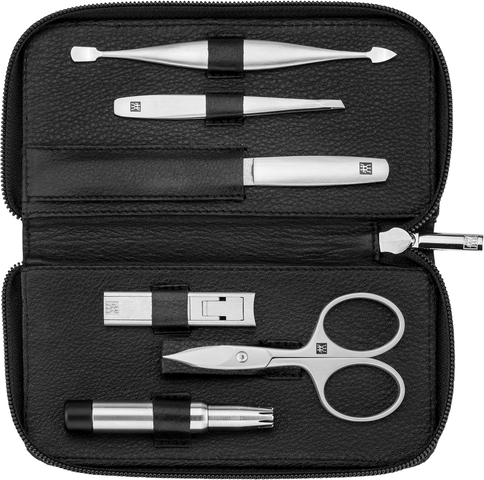 Geöffnetes ZWILLING Premium Set 6tlg. in schwarz mit den meistgenutzten Pflegeinstrumenten aus rostfreiem Edelstahl.
