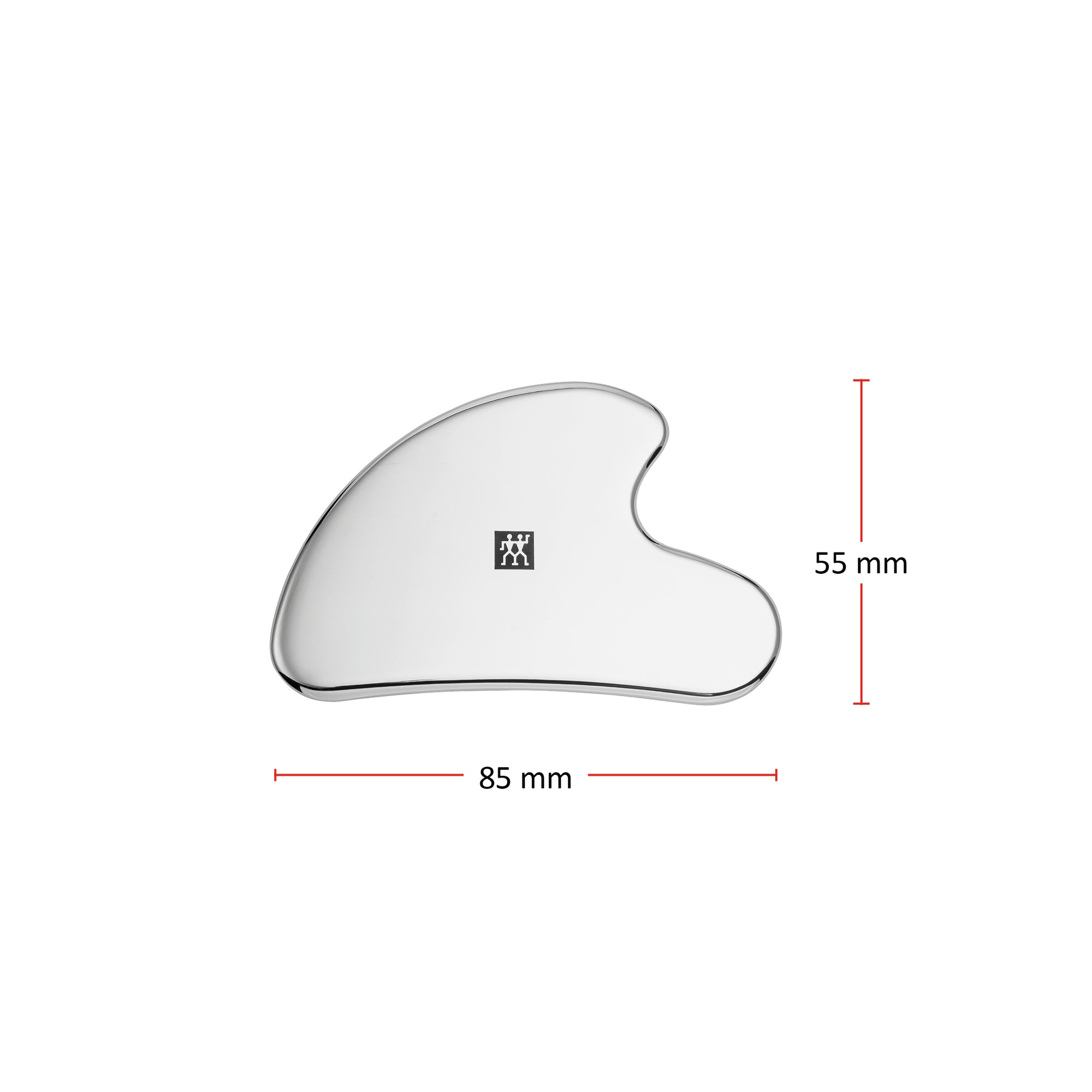 Größenangaben eines ZWILLING Premium Edelstahl-Gesichtsmassagers. Gesamtlänge beträgt 55mm.