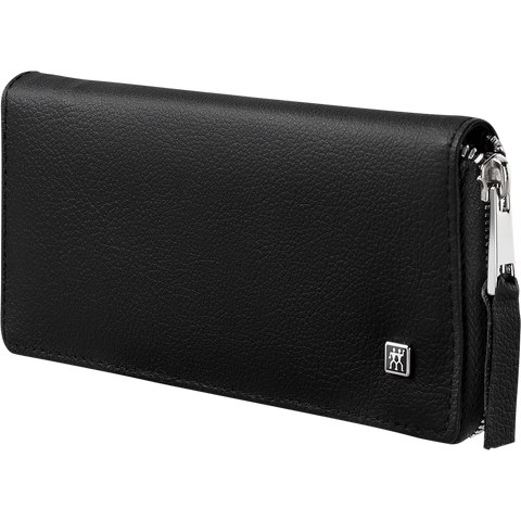 Frontalansicht eines geschlossenen ZWILLING Premium Apfelleder Sets 5tlg. in schwarz.
