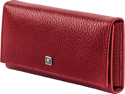 Frontalansicht eines ZWILLING Classic Sets 5tlg. in rot mit den meistgenutzten Pflegeinstrumenten aus rostfreiem Edelstahl.