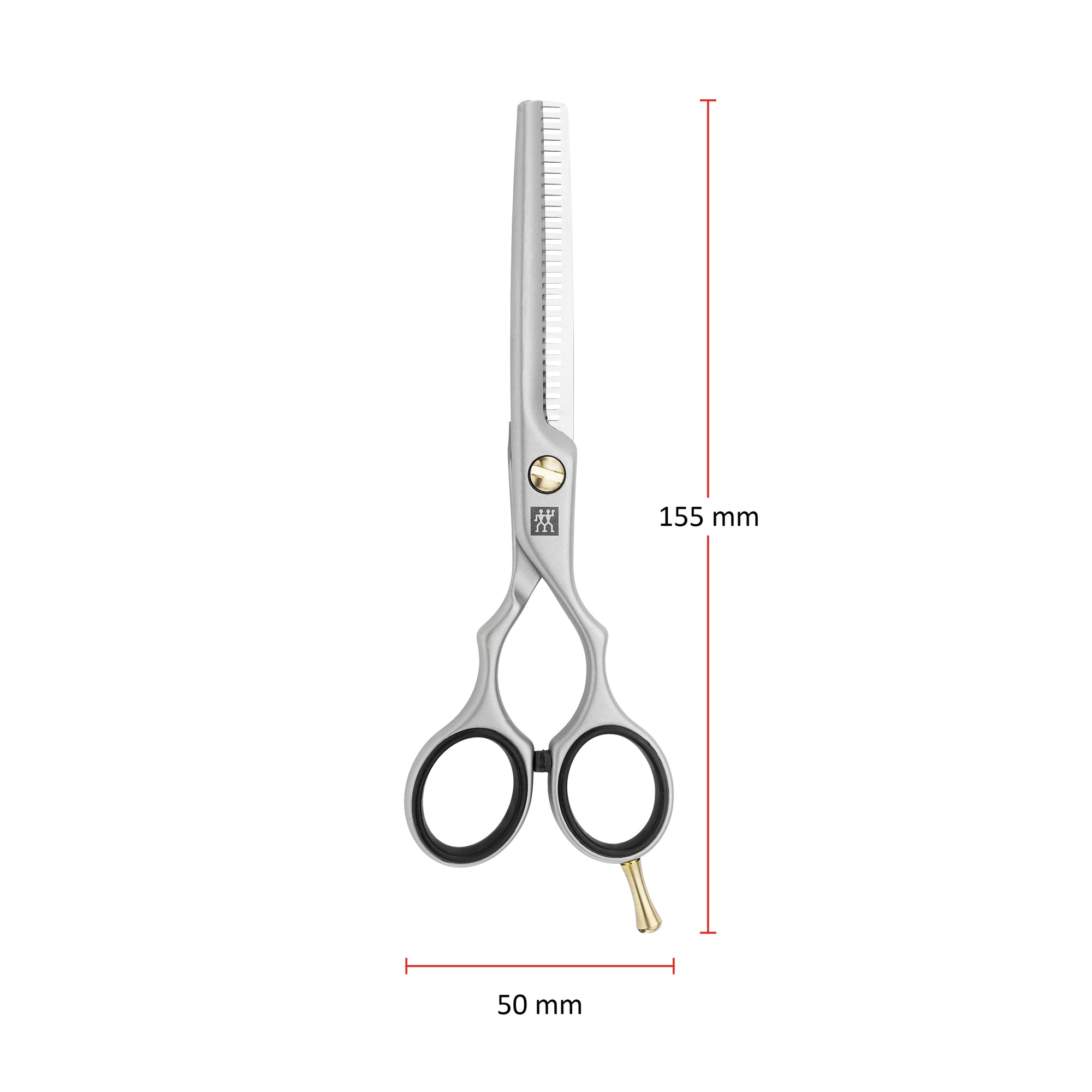 Größenangaben einer ZWILLING Premium Effilierschere. Gesamtlänge beträgt 155mm.