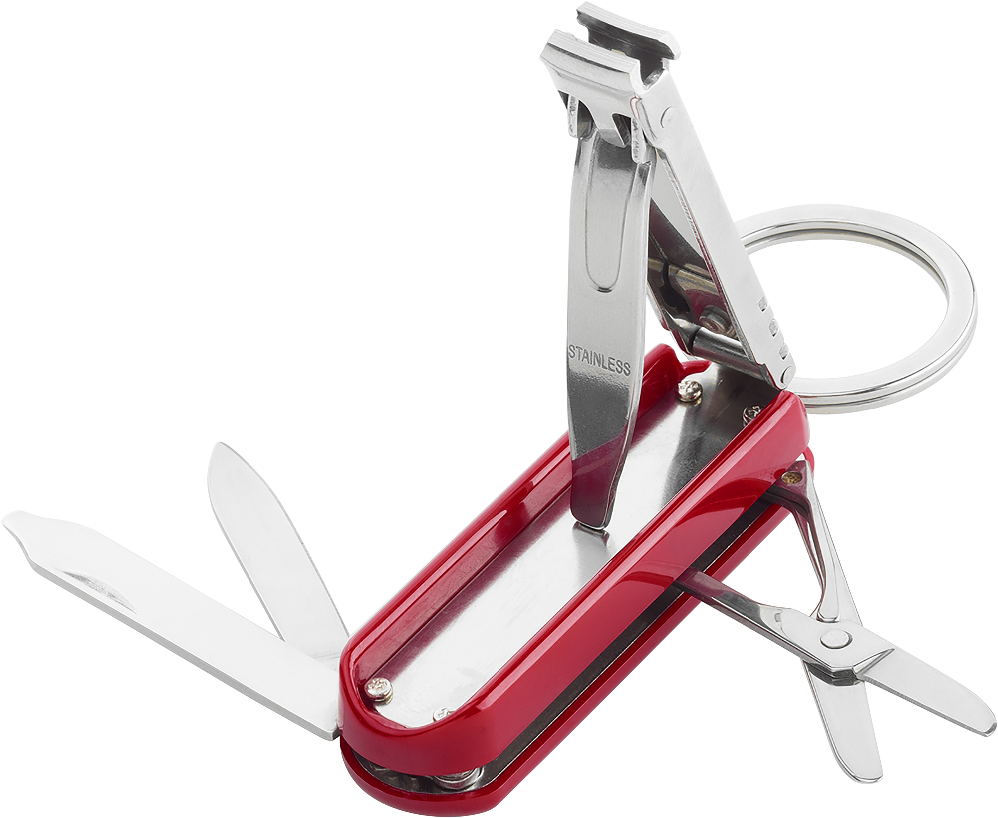 ZWILLING Classic Nagelpflege Multi-Tool mit Nagelknipser, Nagelfeile, Schere und Taschenmesser in rot, geöffnet.