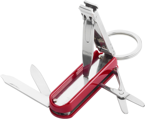 ZWILLING Classic Nagelpflege Multi-Tool mit Nagelknipser, Nagelfeile, Schere und Taschenmesser in rot, geöffnet.