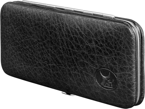 Frontalansicht eines geschlossenen ZWILLING Premium Sets 5tlg. in schwarz mit den meistgenutzten Pflegeinstrumenten aus rostfreiem Edelstahl.