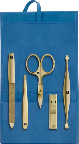 Premium Maniküre Set 5-tlg.Echtleder, blau, Gold Edition