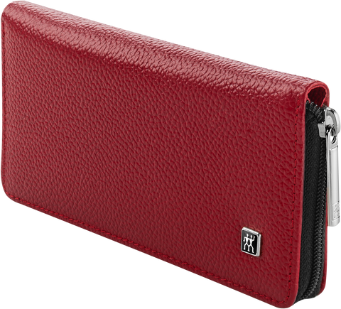 Frontalansicht eines ZWILLING Premium Maniküre Sets 5tlg. in rot mit den meistgenutzten Pflegeinstrumenten.