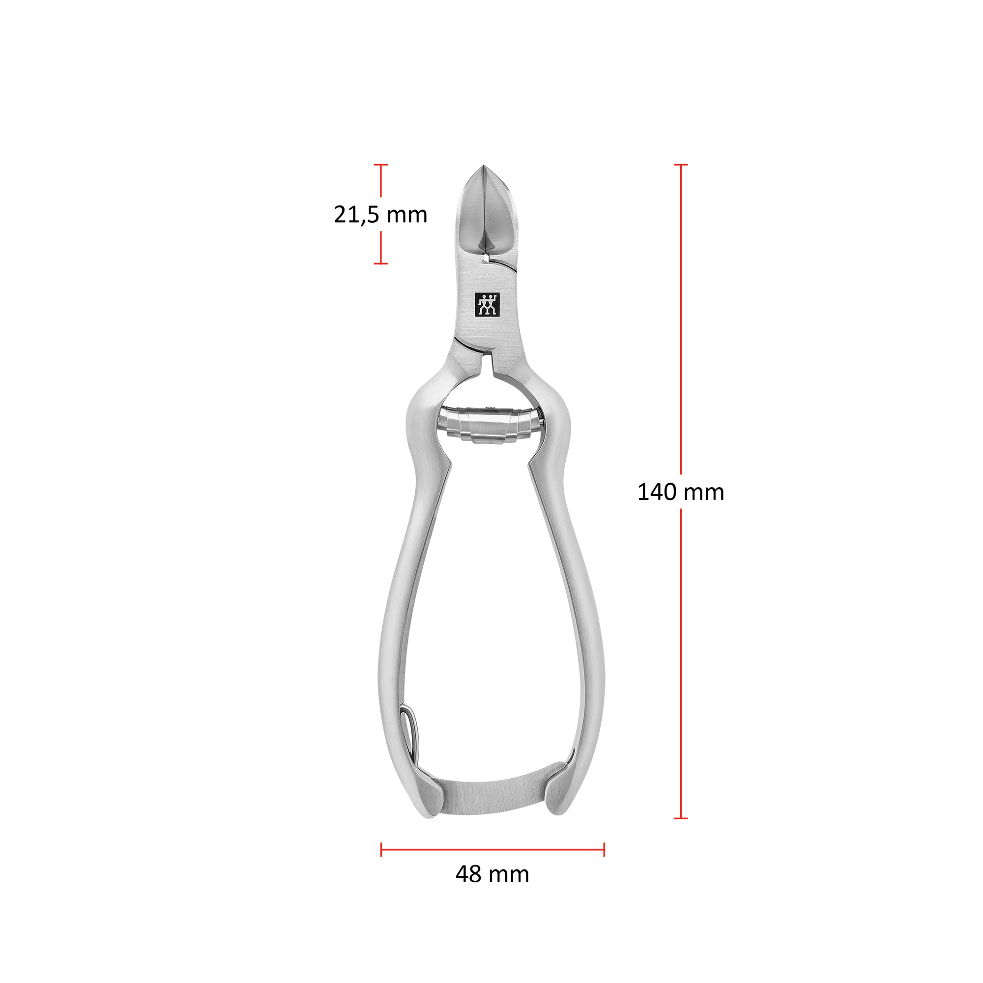 Größenangaben einer ZWILLING Premium Nagelzange mit Pufferfeder. Die Gesamtlänge beträgt 140mm und die Breite im geschlossenen Zustand 48mm. Der Zangenkopf hat eine Länge von 21,5mm.