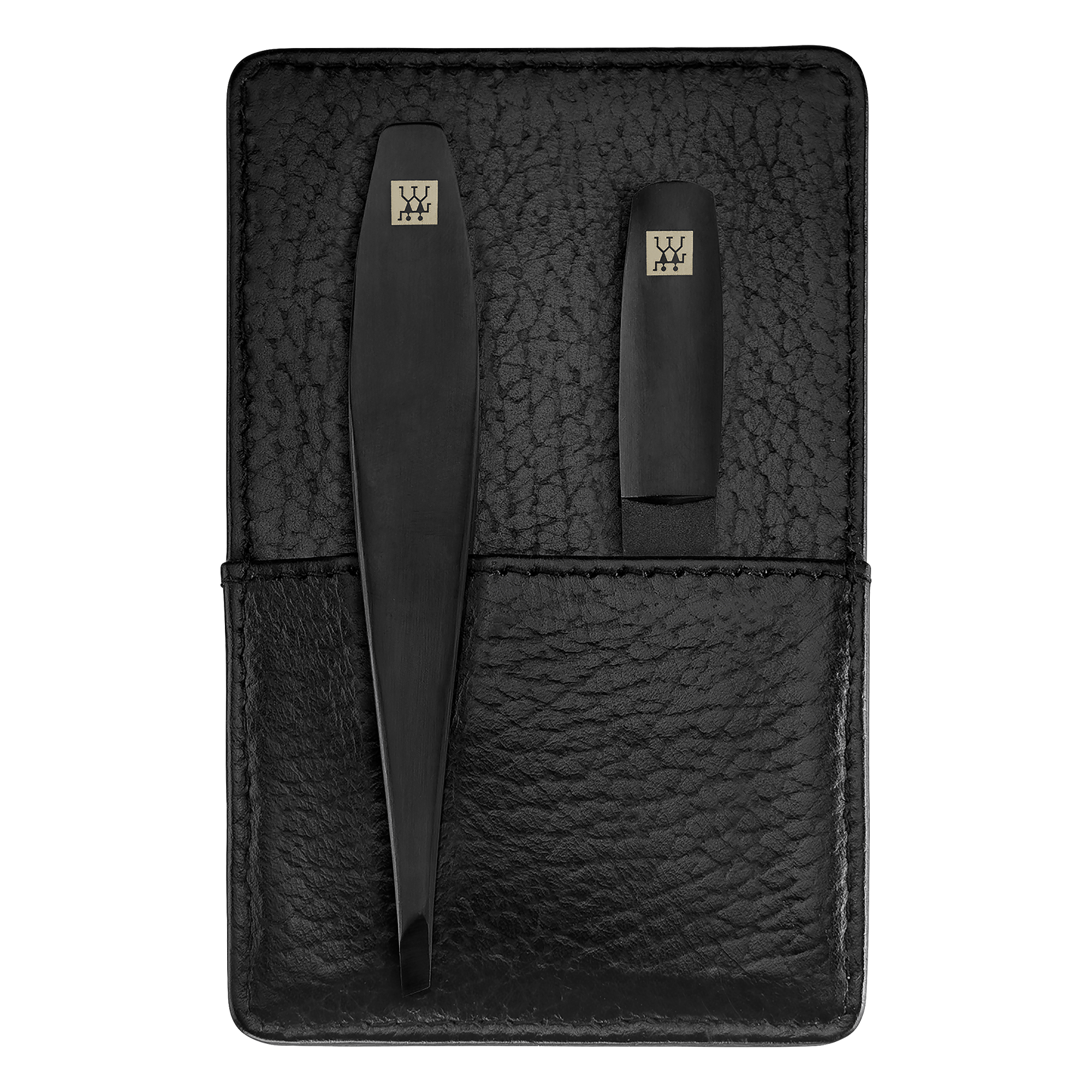 Rückansicht eines ZWILLING Premium Maniküre Sets 3tlg. in schwarz mit essentiellen Pflegeinstrumenten in matt-schwarz.