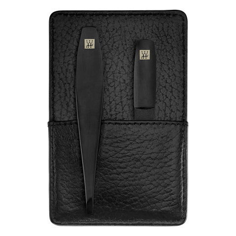 Rückansicht eines ZWILLING Premium Maniküre Sets 3tlg. in schwarz mit essentiellen Pflegeinstrumenten in matt-schwarz.