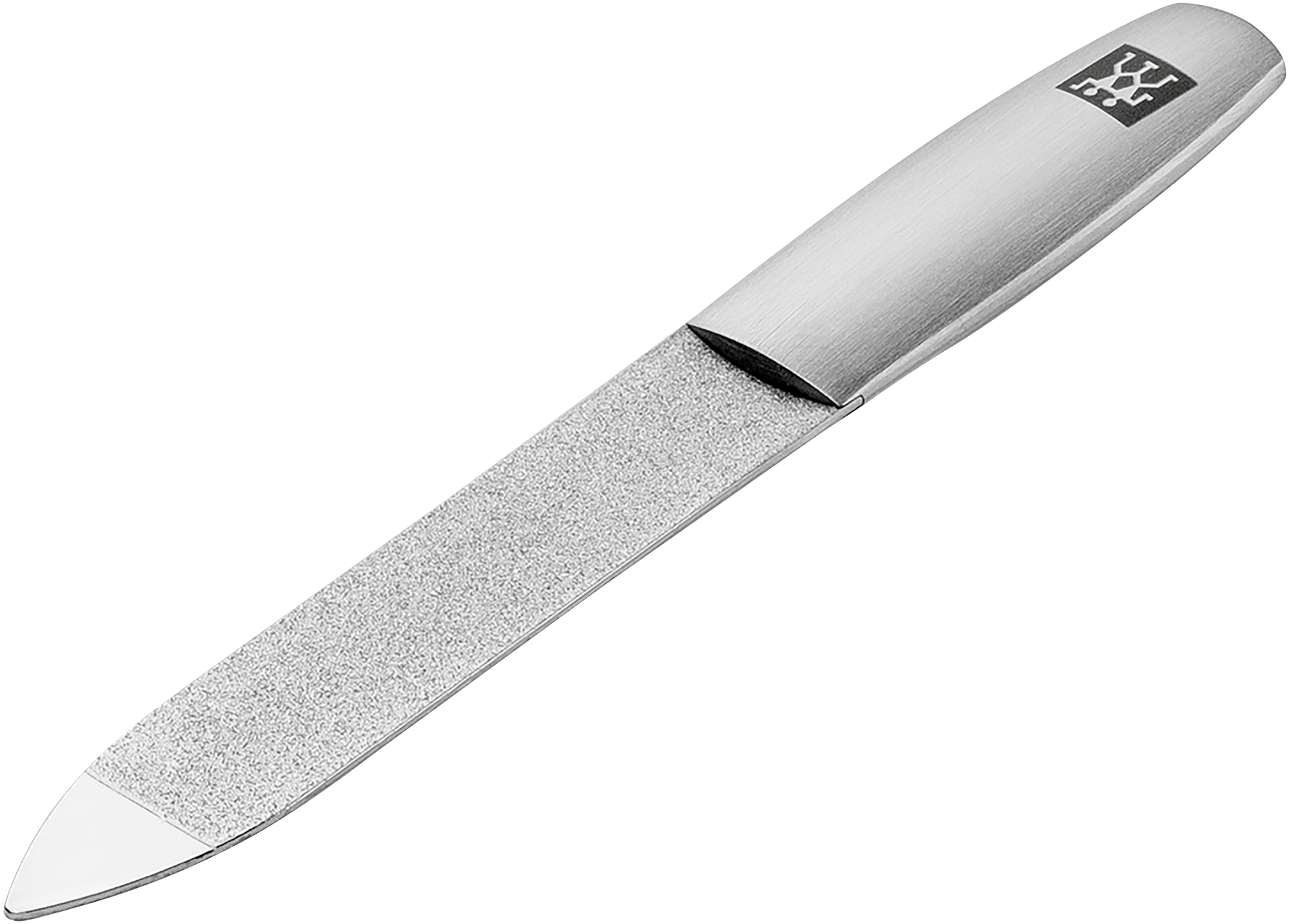 Queransicht einer ZWILLING Premium Saphir-Nagelfeile aus rostfreiem Edelstahl mit grob-und feinkörnigen Feilenflächen zum Kürzen und Formen.