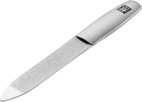 Queransicht einer ZWILLING Premium Saphir-Nagelfeile aus rostfreiem Edelstahl mit grob-und feinkörnigen Feilenflächen zum Kürzen und Formen.