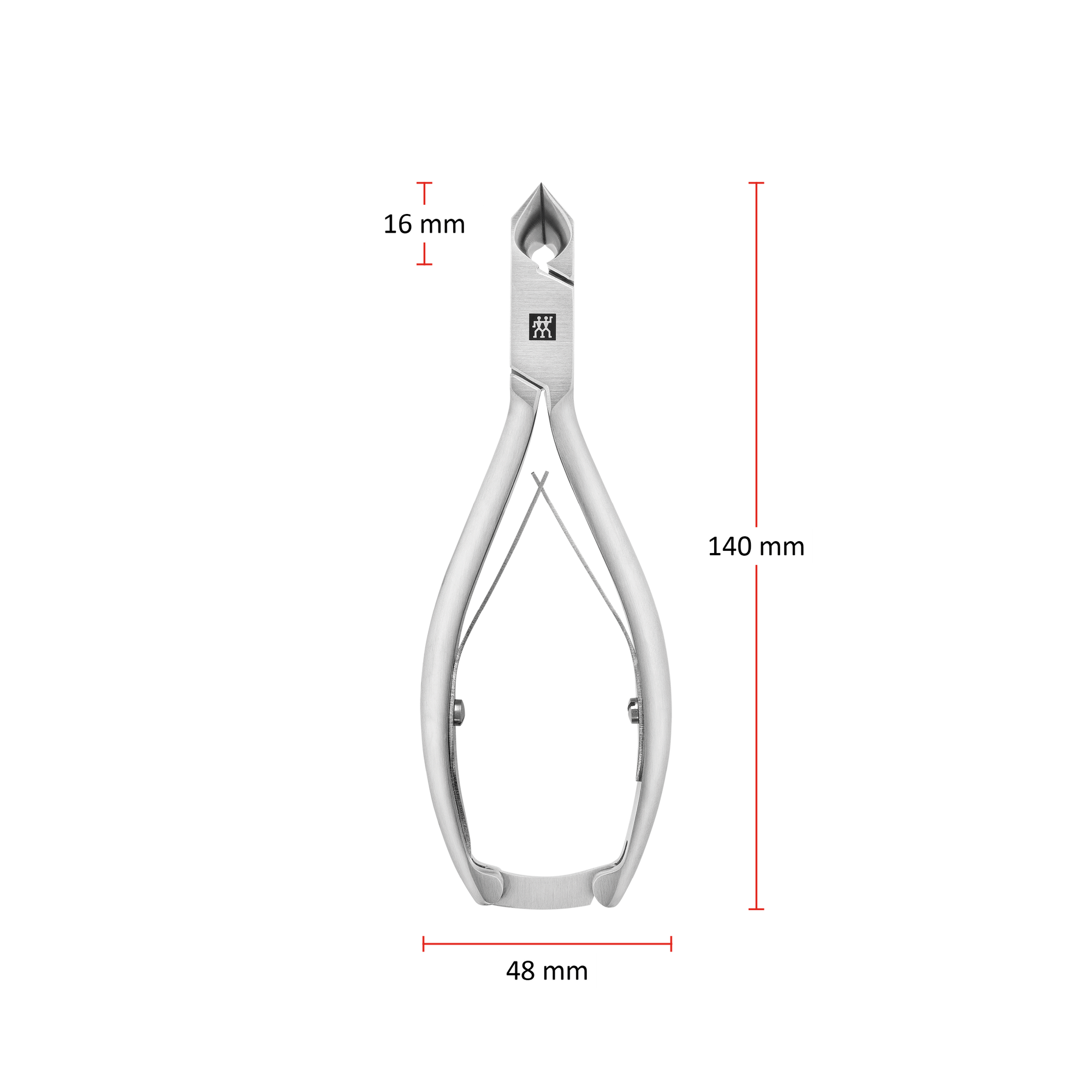 Größenangaben einer ZWILLING Premium Nagelzange mit Kopfschneider. Die Gesamtlänge beträgt 140mm und die Breite im geschlossenen Zustand 48mm. Der Zangenkopf hat eine Länge von 16mm.