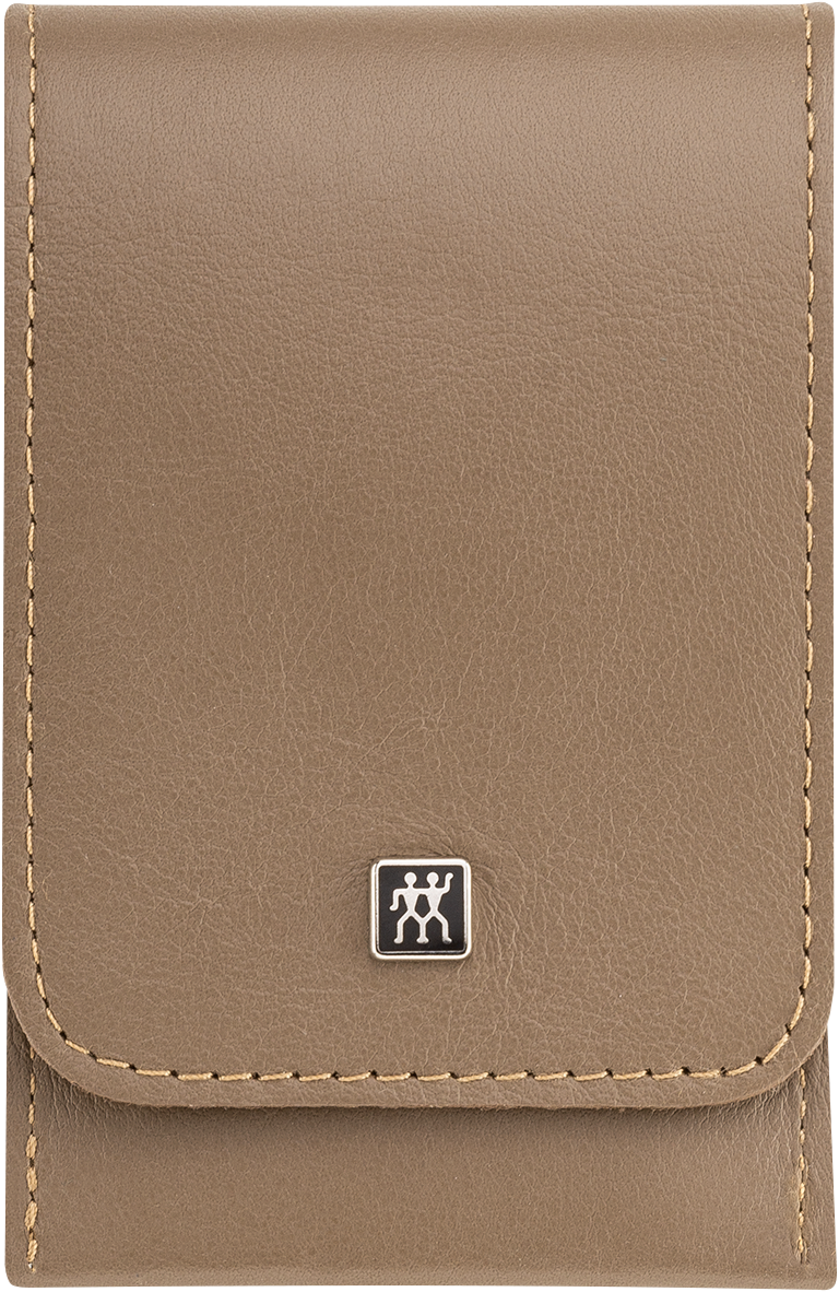 Frontalansicht eines ZWILLING Premium Sets 4tlg. in taupe mit essentiellen Pflegeinstrumenten aus rostfreiem Edelstahl.