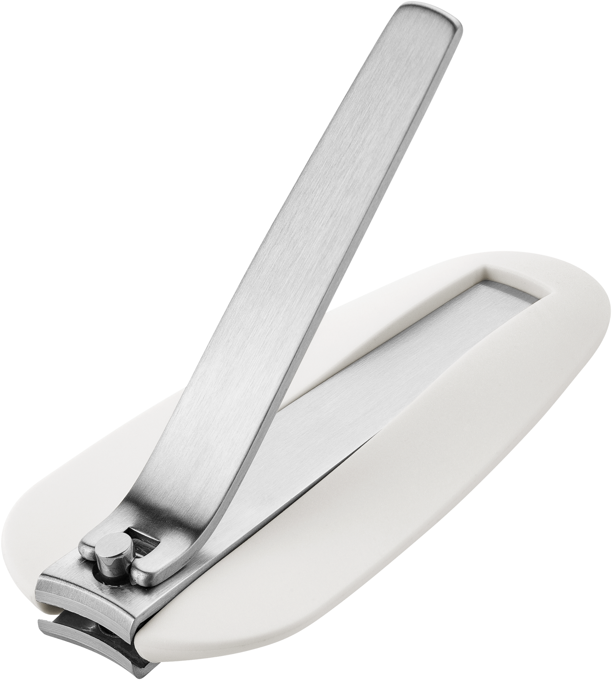 Queransicht eines ZWILLING Premium Nagelknipsers aus rostfreiem Edelstahl mit gebogener Schneide und ergonomisch geformten Nagelfang.
