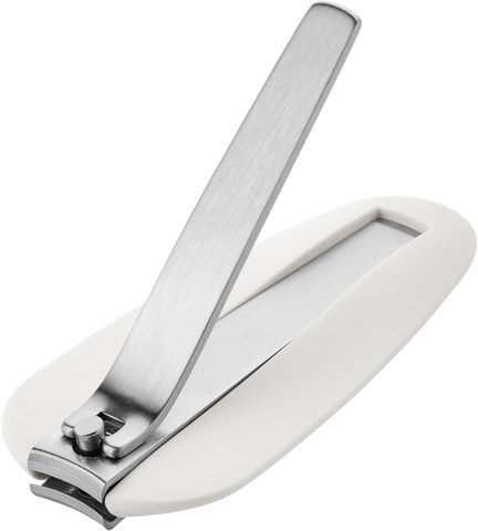 Queransicht eines ZWILLING Premium Nagelknipsers aus rostfreiem Edelstahl mit gebogener Schneide und ergonomisch geformten Nagelfang.