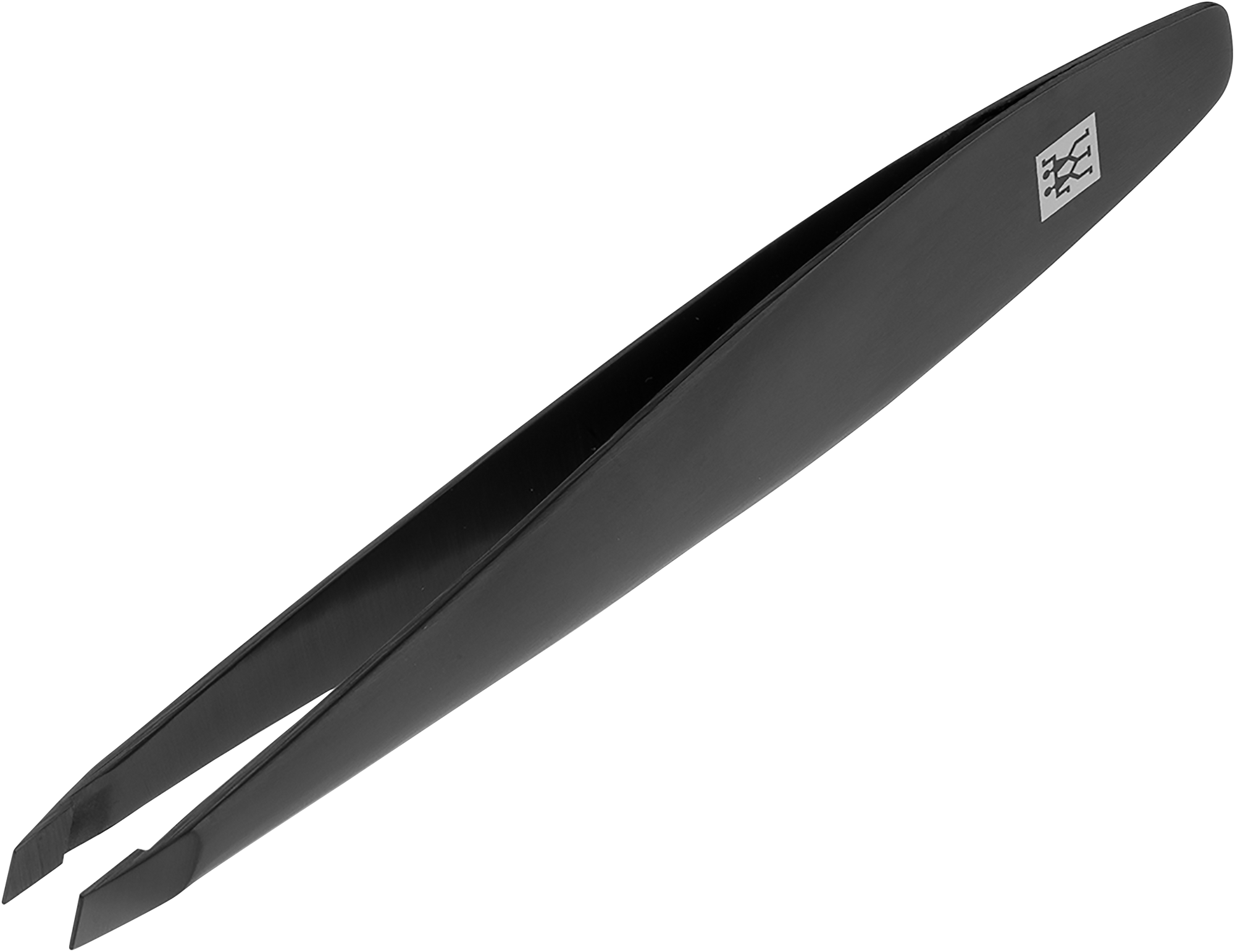 Queransicht der ZWILLING Premium schräge Pinzette in Schwarz mit angerauten, perfekt kalibrierten Spitzen