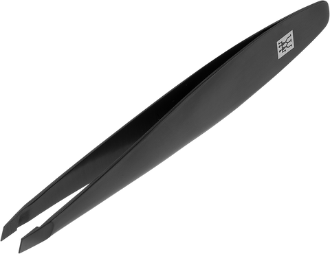 Queransicht der ZWILLING Premium schräge Pinzette in Schwarz mit angerauten, perfekt kalibrierten Spitzen