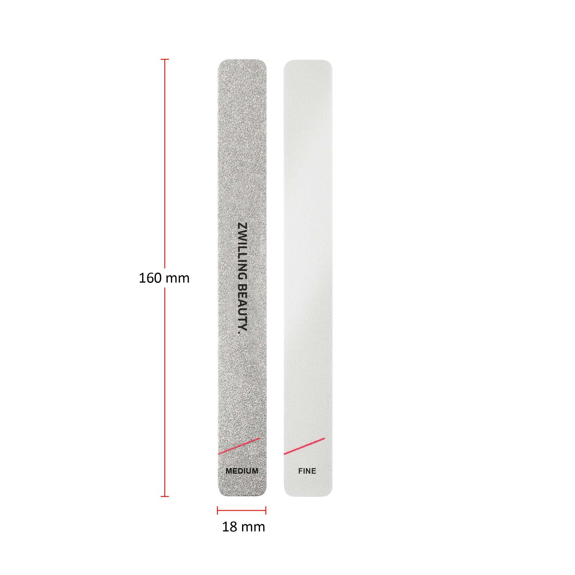 Größenangaben einer ZWILLING Premium Sandblatt-Nagelfeile. Gesamtlänge beträgt 160mm.