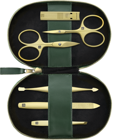 Geöffnetes ZWILLING Premium Apfelleder Set 6tlg. in grün mit Maniküre- und Pediküreinstrumenten (Kompakt-Nagelknipser, Nagelschere, Nagelhautschere, Saphir-Nagelfeile, Nagelhautschieber und -reiniger und schräge Pinzette) in matt-gold.