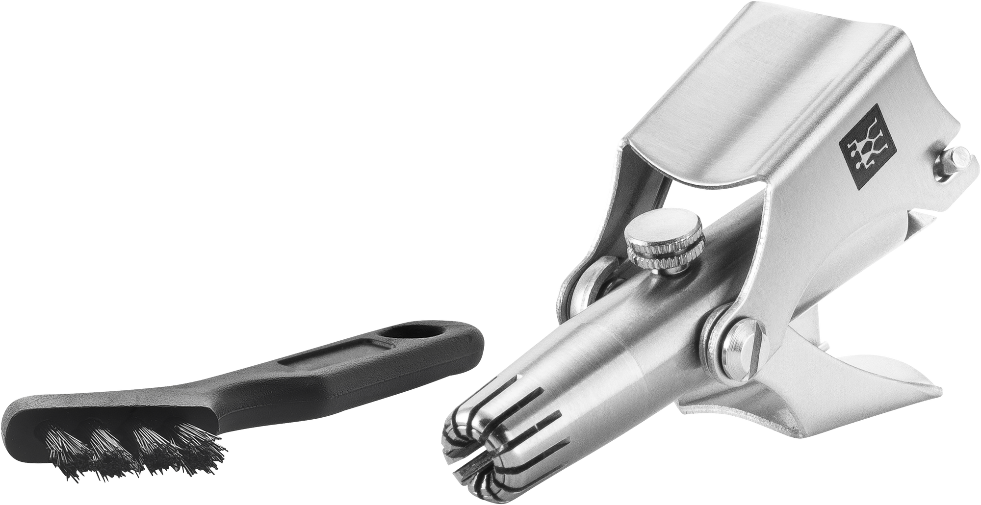 Queransicht eines ZWILLING Premium 
Premium Nasen- und Ohrenhaartrimmers mit innenliegenden, rotierenden Schneiden, Reinigungsbürste links.
